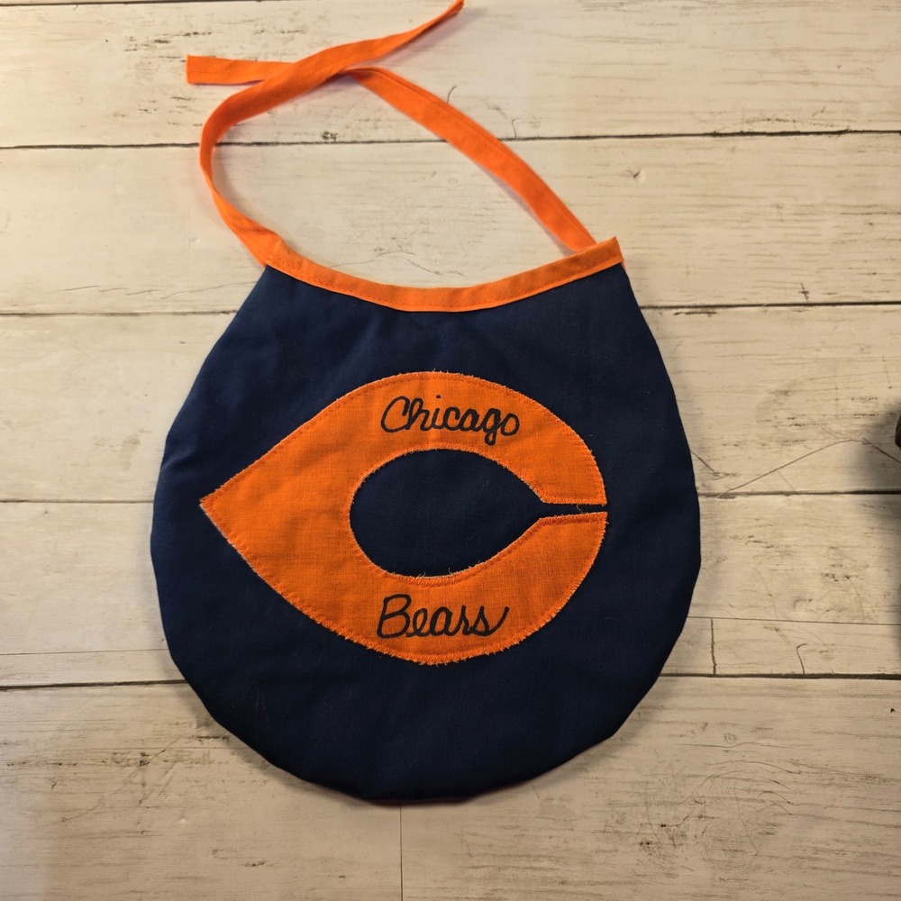 Handmade Chicago Bears Baby Bib Navy Blue Orange Embroidered Logo Tie Back